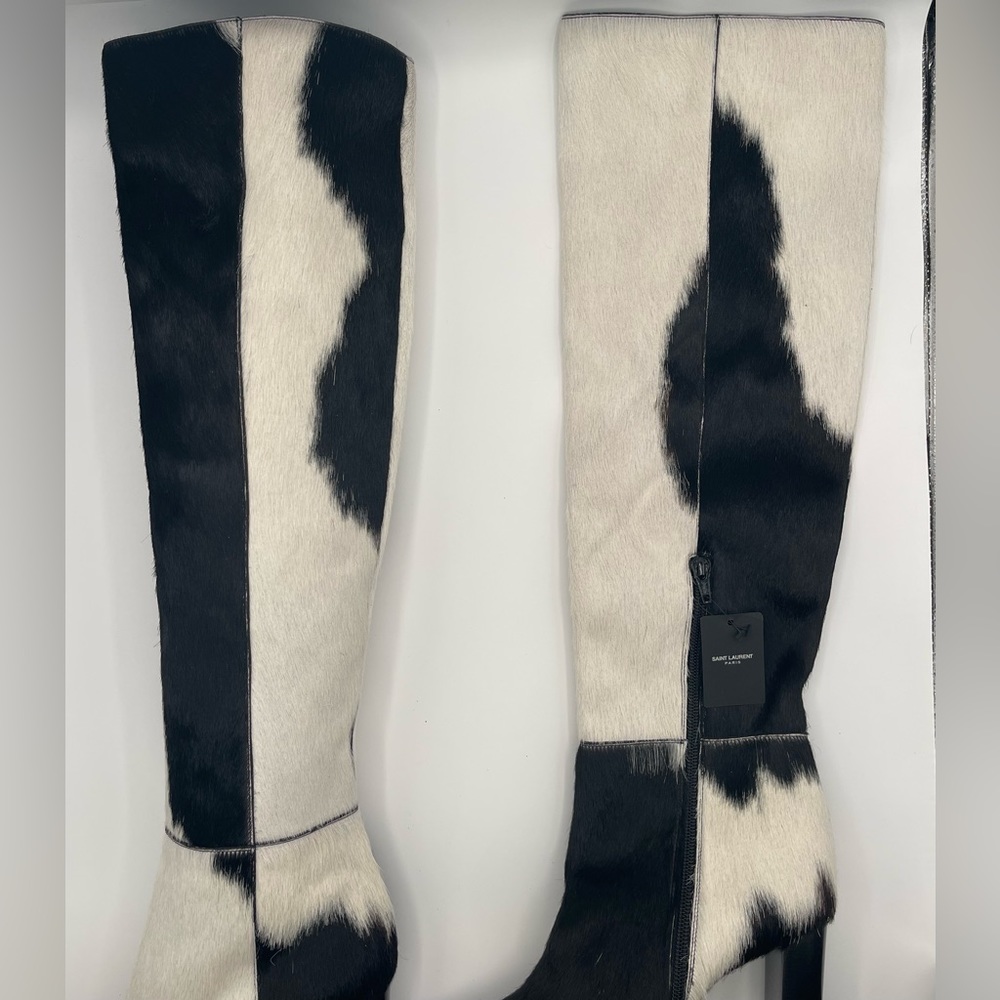 NEW Saint Laurent Soixante Seize black and white over the knee calf hair boots